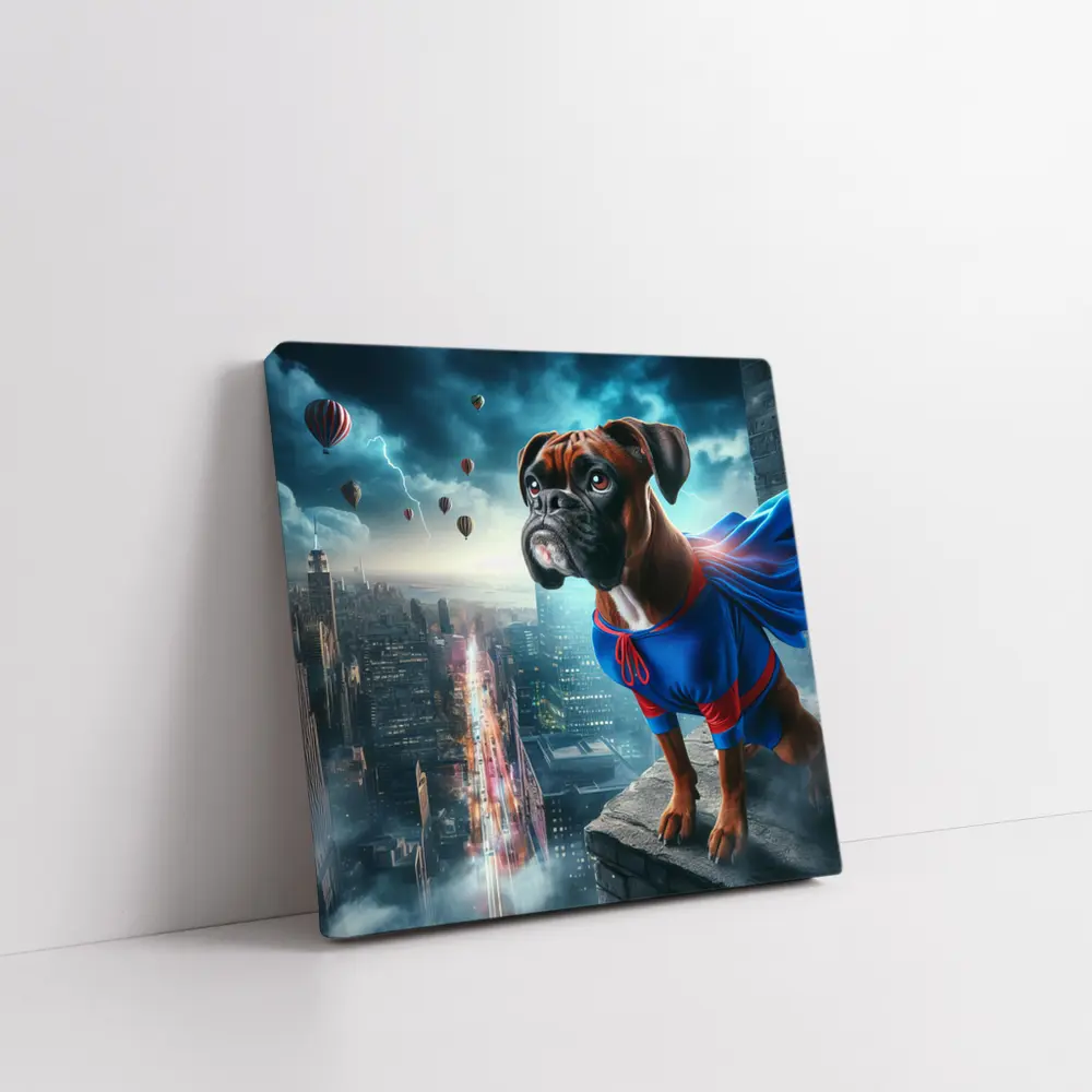 Boxer Dog Superhero Cape City Skyline – Wall Art