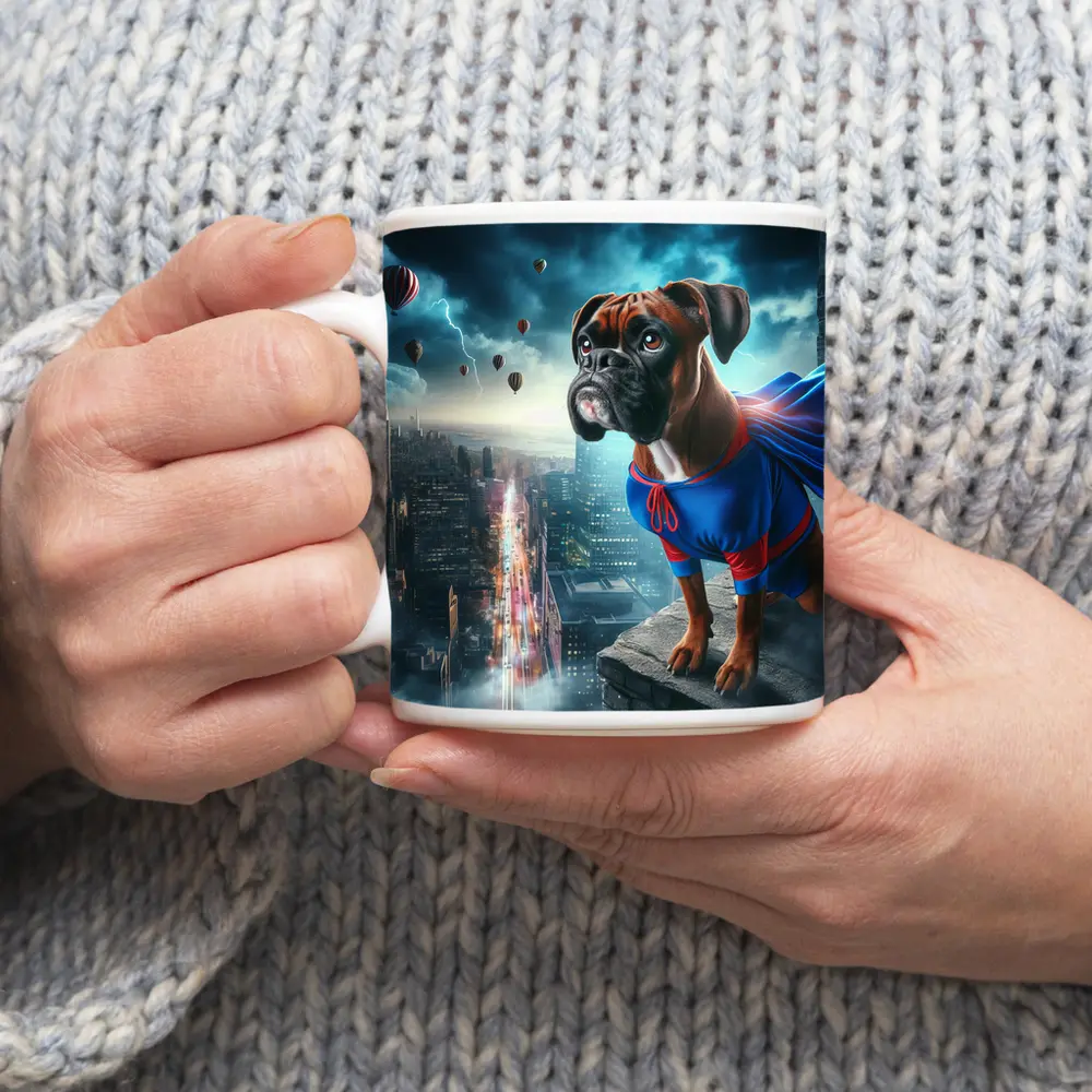 Boxer Dog Superhero Cape City Skyline – Mugs