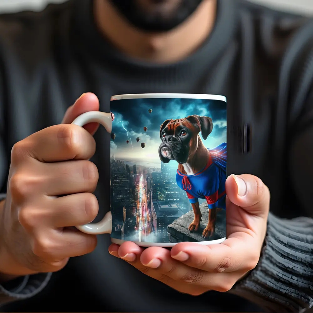 Boxer Dog Superhero Cape City Skyline – Mugs
