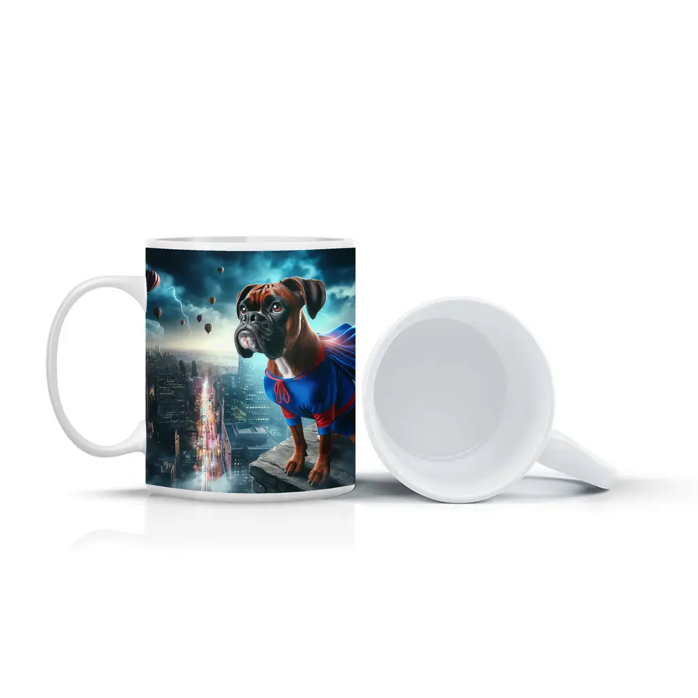 Boxer Dog Superhero Cape City Skyline – Mugs