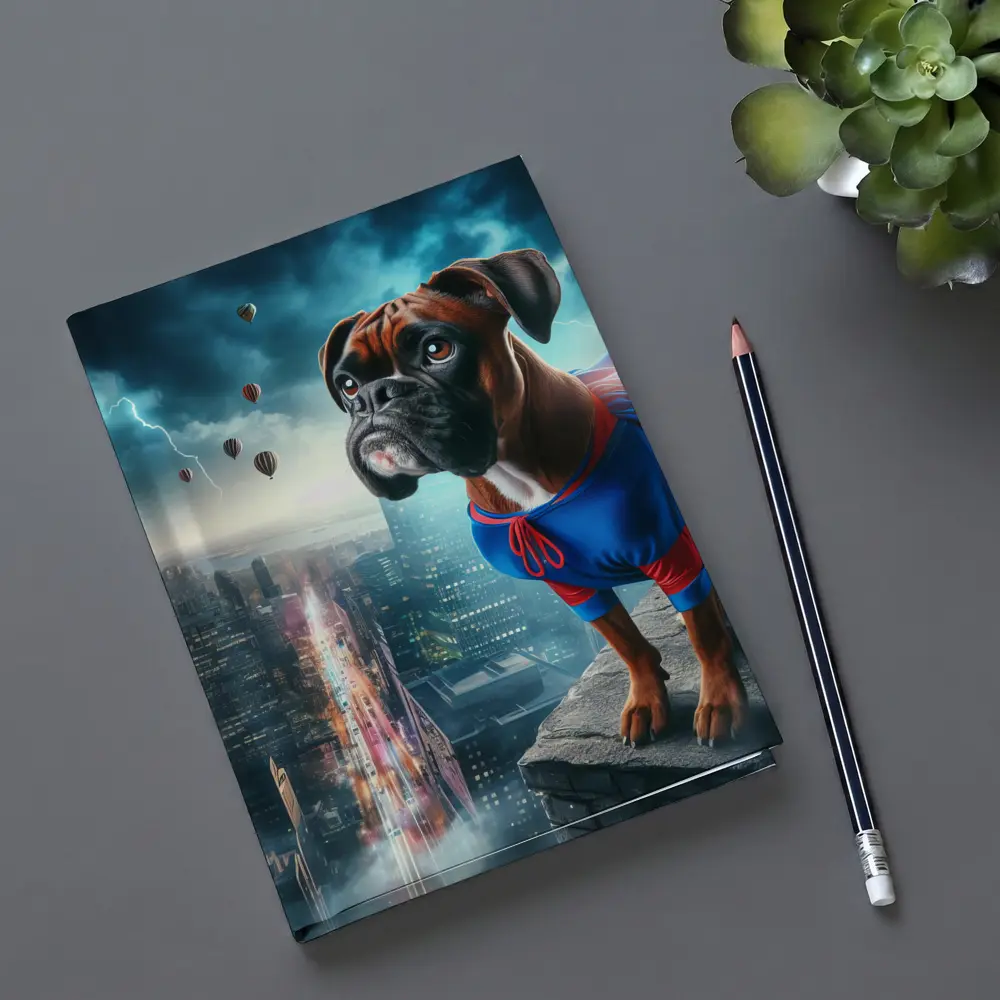 Boxer Dog Superhero Cape City Skyline – Notebooks