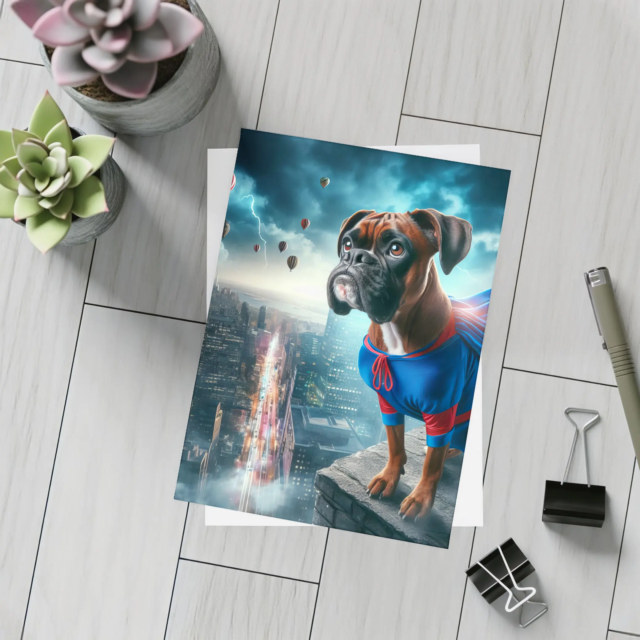 Boxer Dog Superhero Cape City Skyline – Postcards