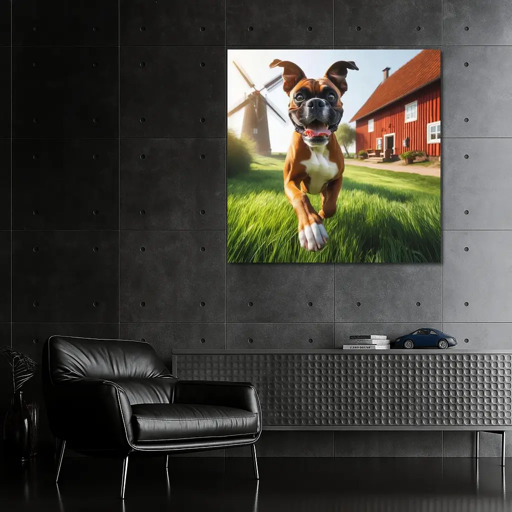 Boxer Dog Running On Green Farm Grass – Wall Art