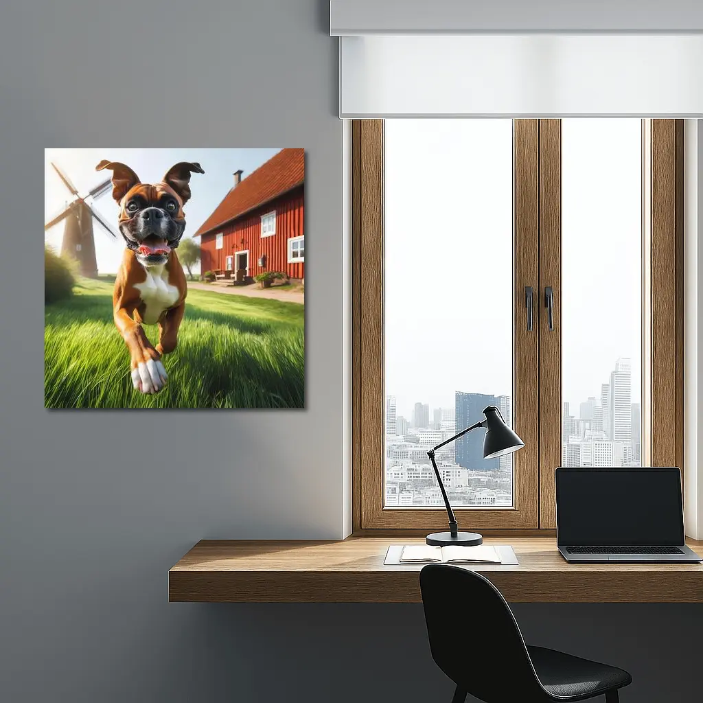 Boxer Dog Running On Green Farm Grass – Wall Art