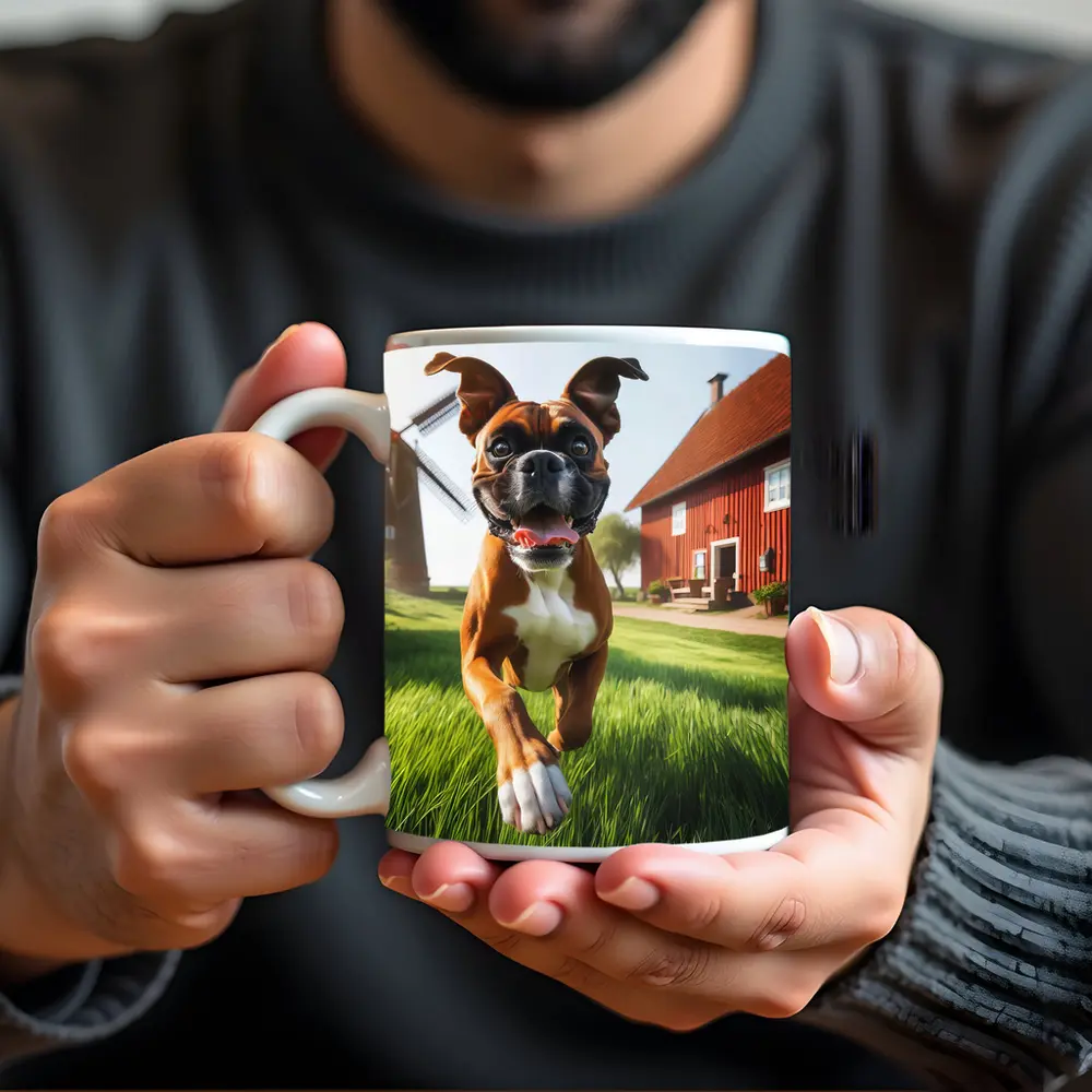 Boxer Dog Running On Green Farm Grass – Mugs