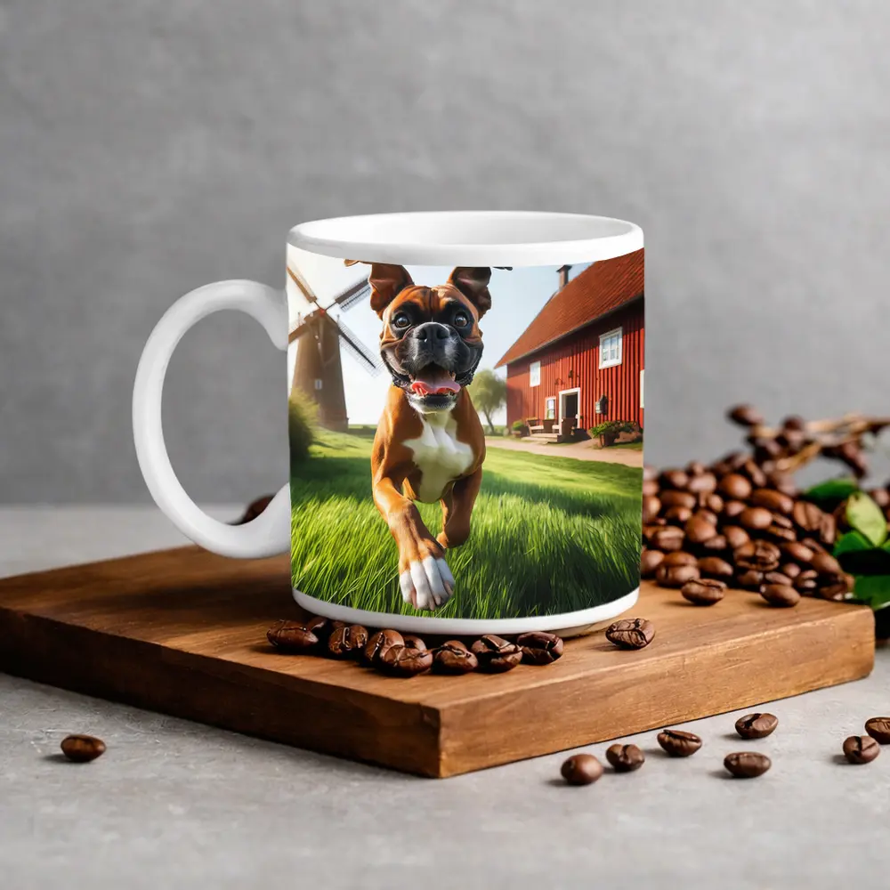 Boxer Dog Running On Green Farm Grass – Mugs