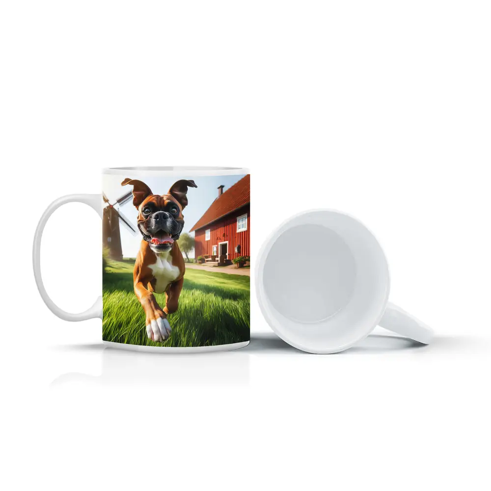 Boxer Dog Running On Green Farm Grass – Mugs