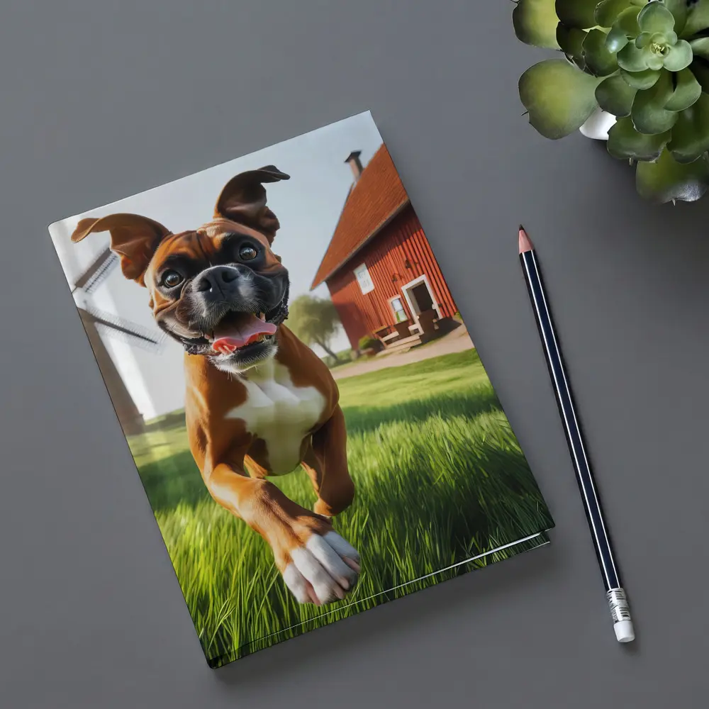 Boxer Dog Running On Green Farm Grass – Notebooks
