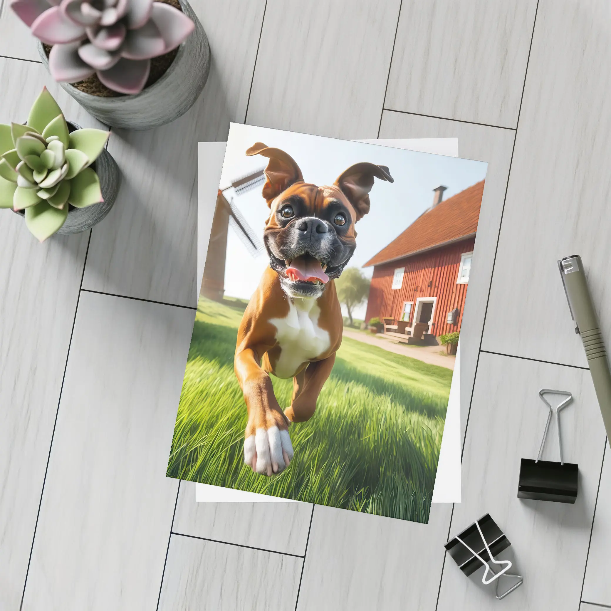 Boxer Dog Running On Green Farm Grass – Postcards