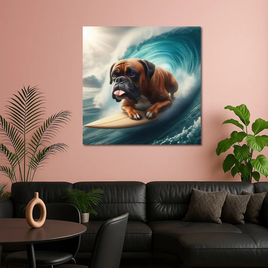 Boxer Dog Surfing Giant Ocean Wave – Wall Art