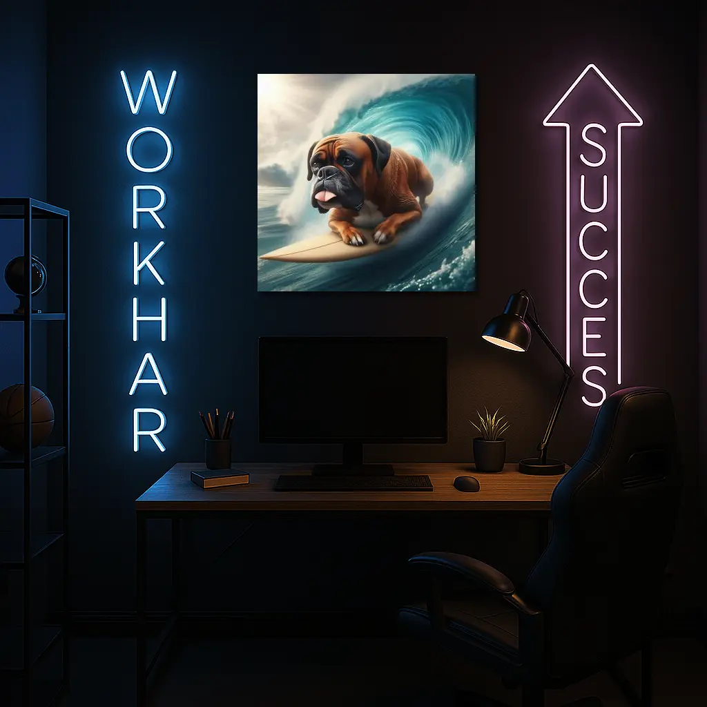 Boxer Dog Surfing Giant Ocean Wave – Wall Art