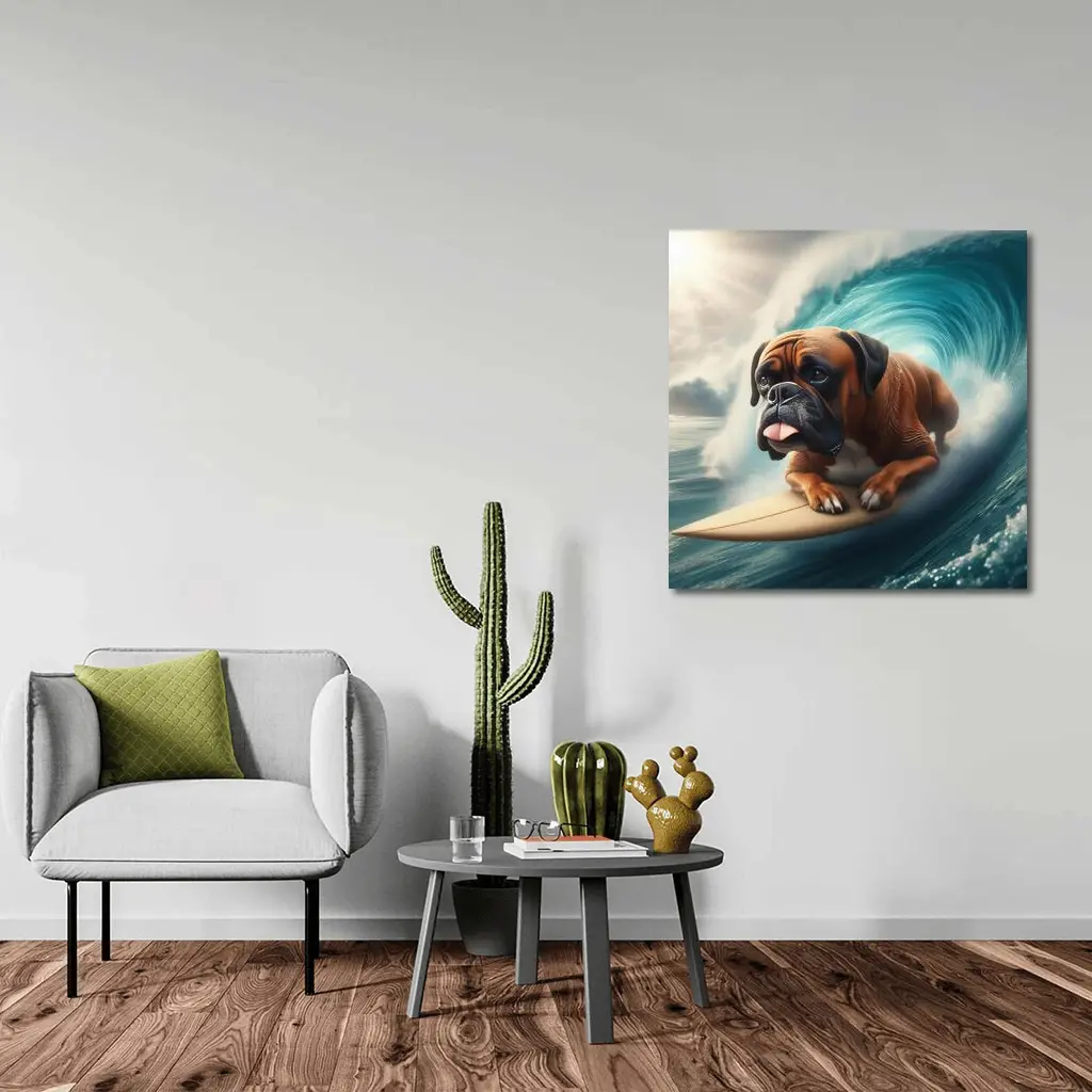 Boxer Dog Surfing Giant Ocean Wave – Wall Art
