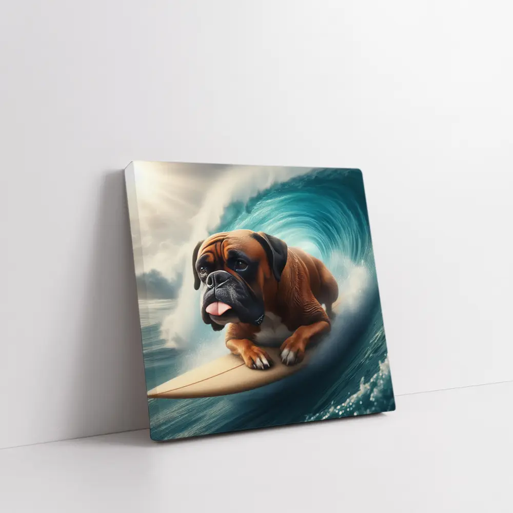 Boxer Dog Surfing Giant Ocean Wave – Wall Art