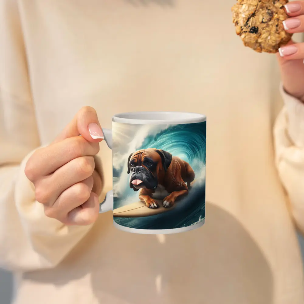 Boxer Dog Surfing Giant Ocean Wave – Mugs