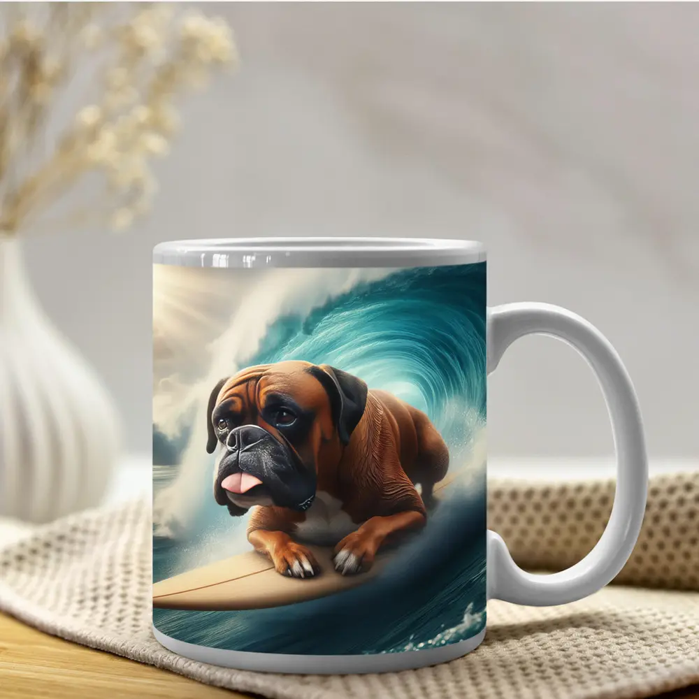 Boxer Dog Surfing Giant Ocean Wave – Mugs