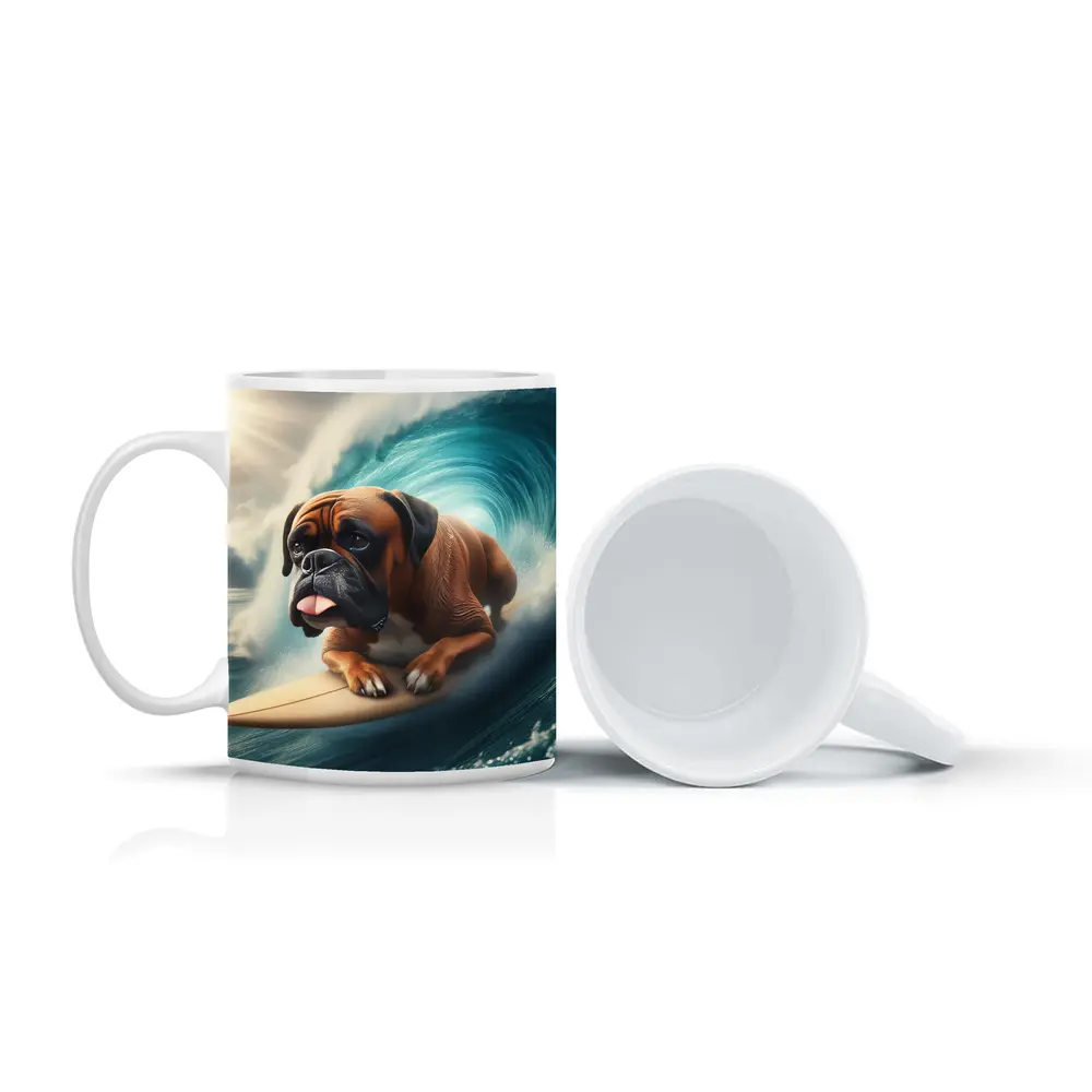 Boxer Dog Surfing Giant Ocean Wave – Mugs