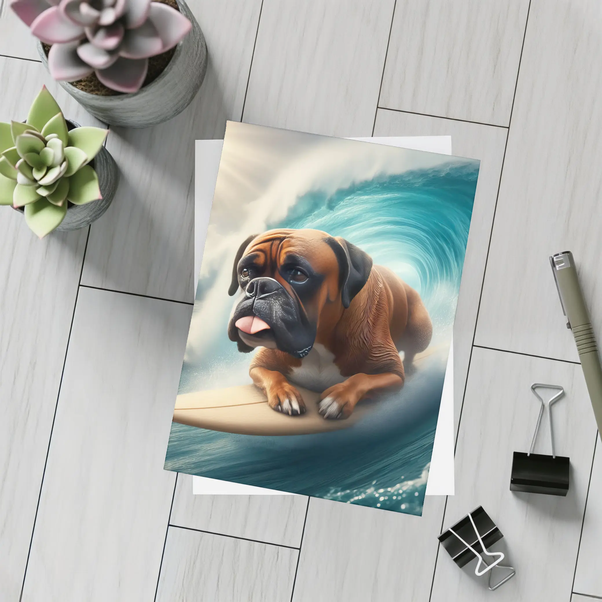 Boxer Dog Surfing Giant Ocean Wave – Postcards