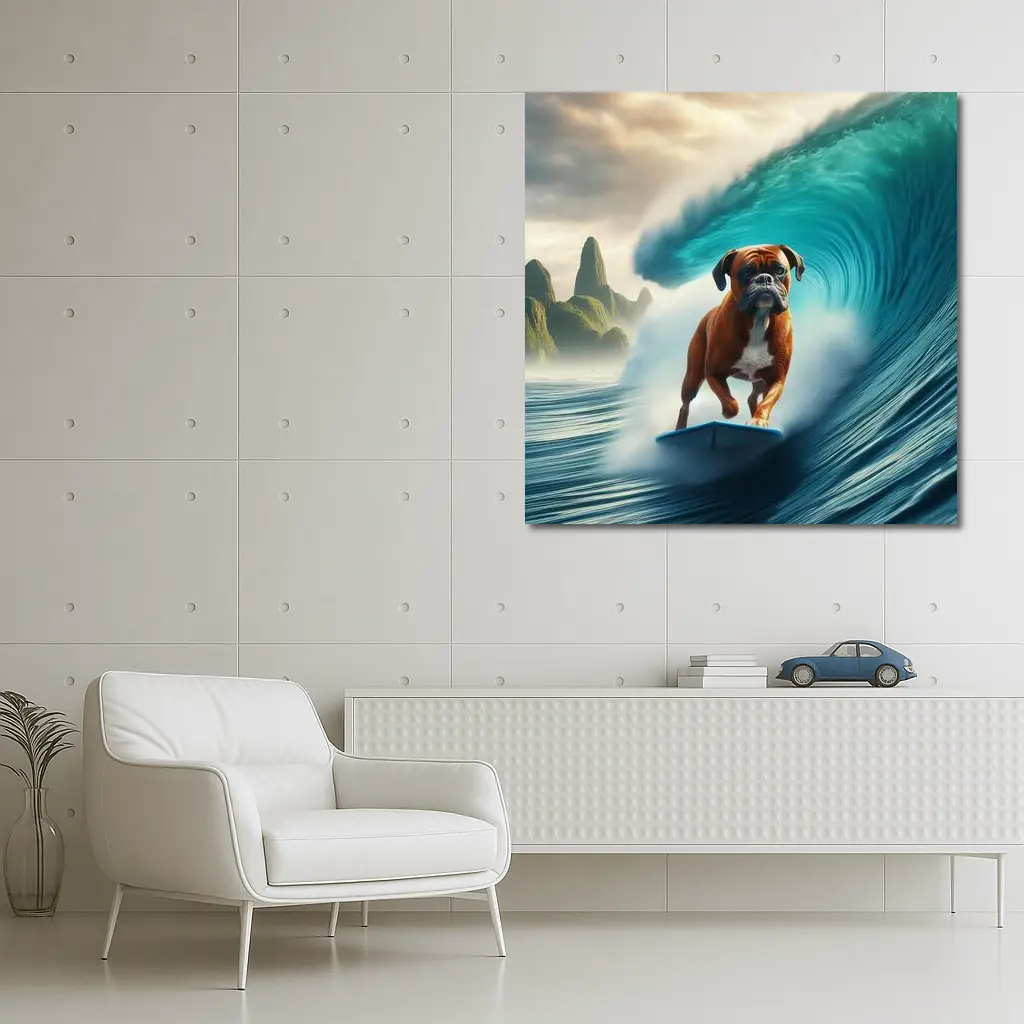 Boxer Dog Surfing Giant Ocean Wave – Wall Art
