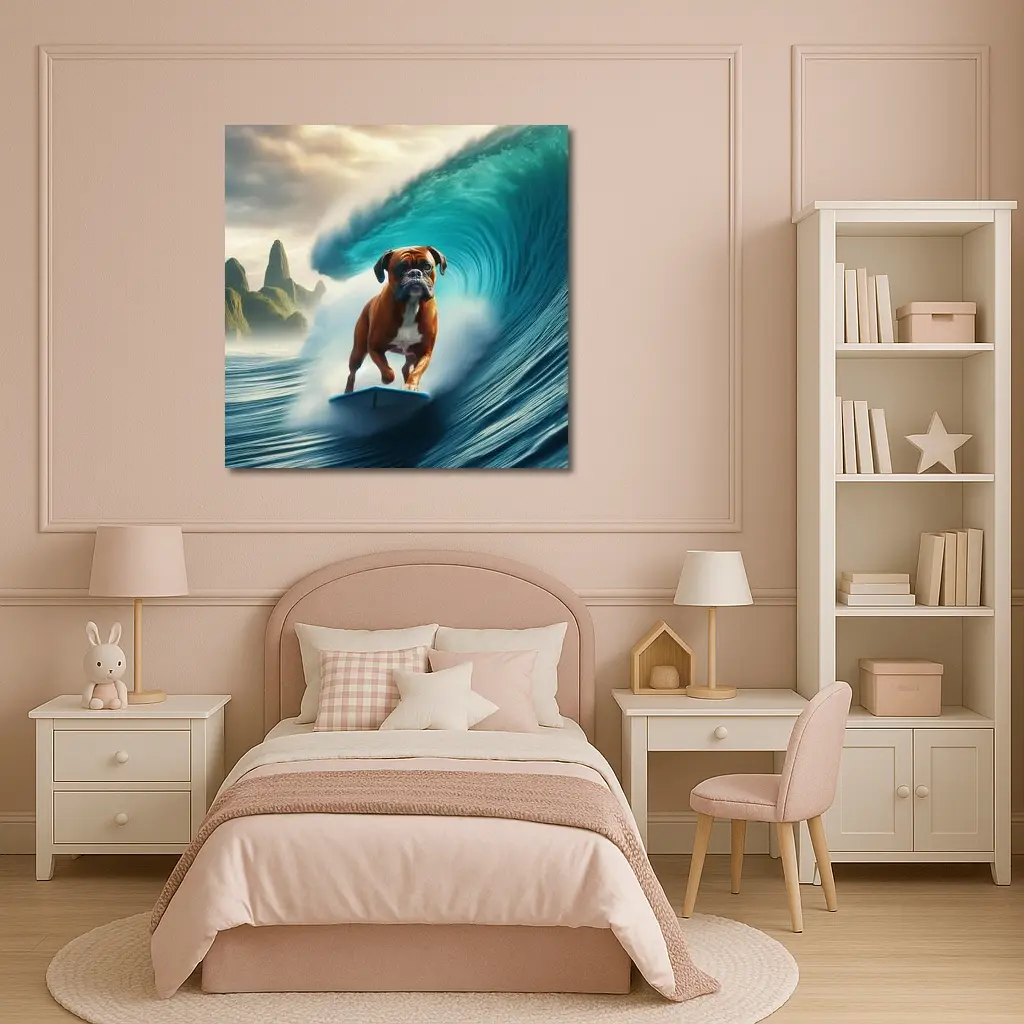 Boxer Dog Surfing Giant Ocean Wave – Wall Art