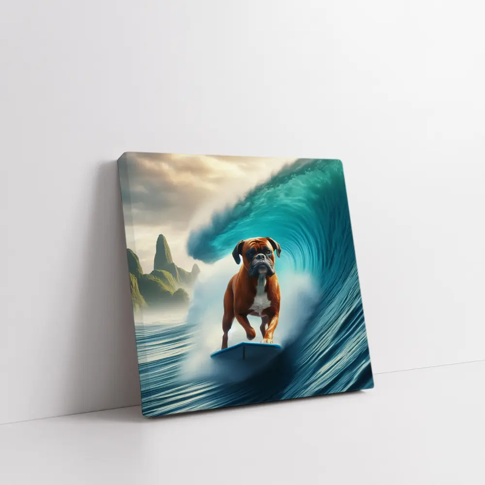 Boxer Dog Surfing Giant Ocean Wave – Wall Art