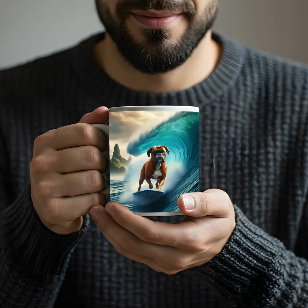 Boxer Dog Surfing Giant Ocean Wave – Mugs