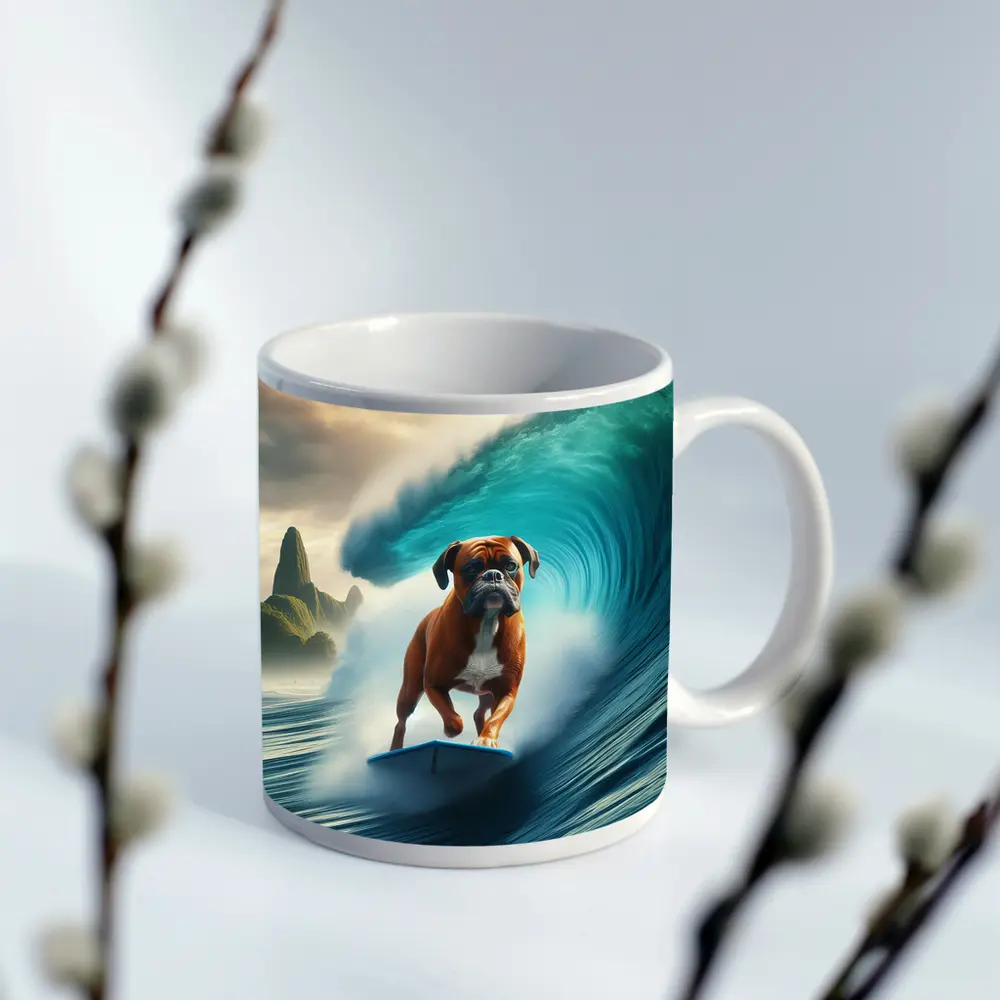 Boxer Dog Surfing Giant Ocean Wave – Mugs