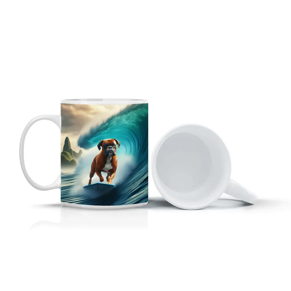 Boxer Dog Surfing Giant Ocean Wave – Mugs