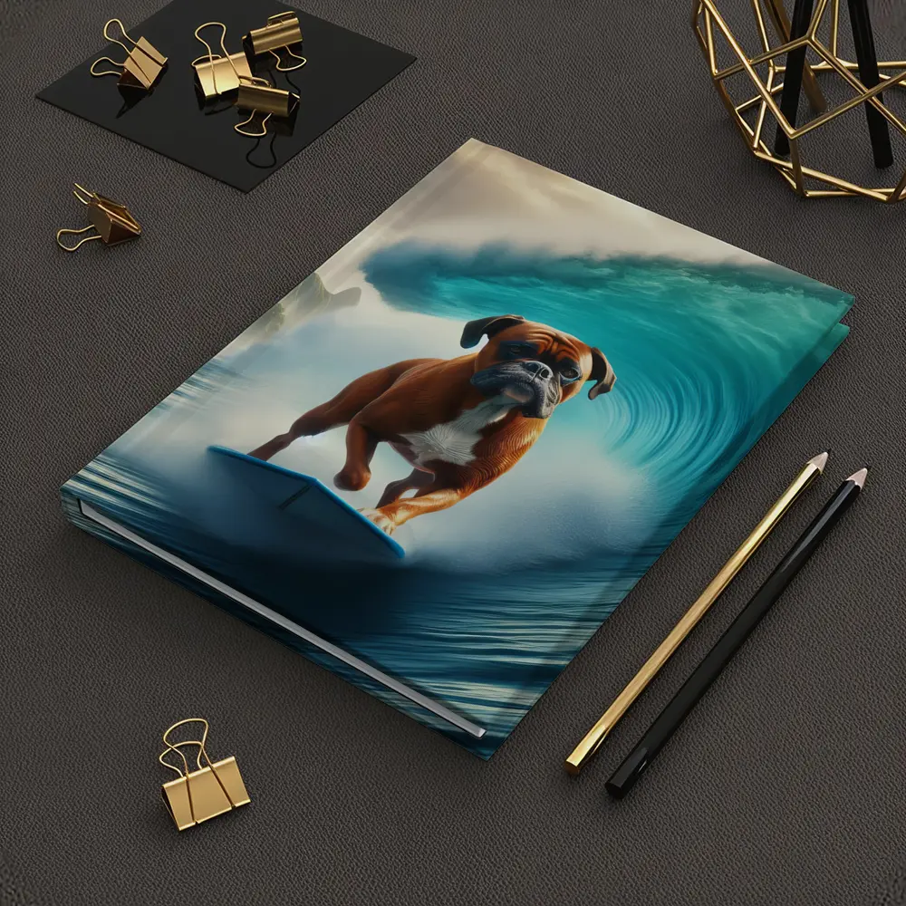 Boxer Dog Surfing Giant Ocean Wave – Notebooks