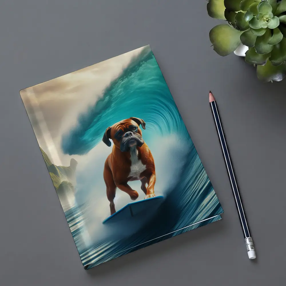 Boxer Dog Surfing Giant Ocean Wave – Notebooks