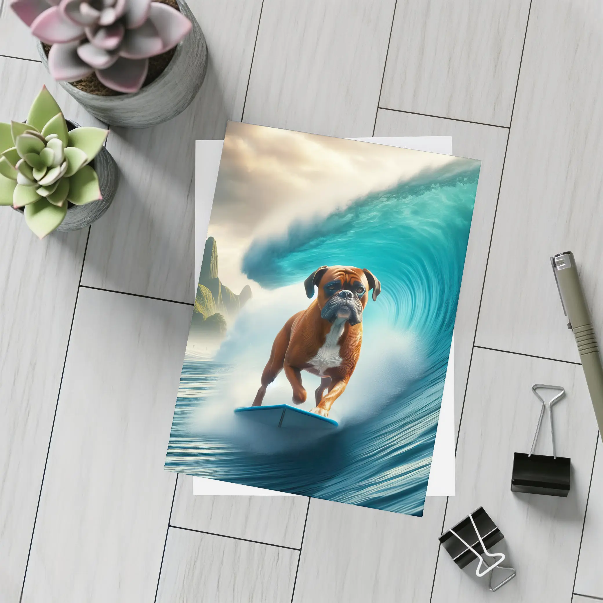 Boxer Dog Surfing Giant Ocean Wave – Postcards