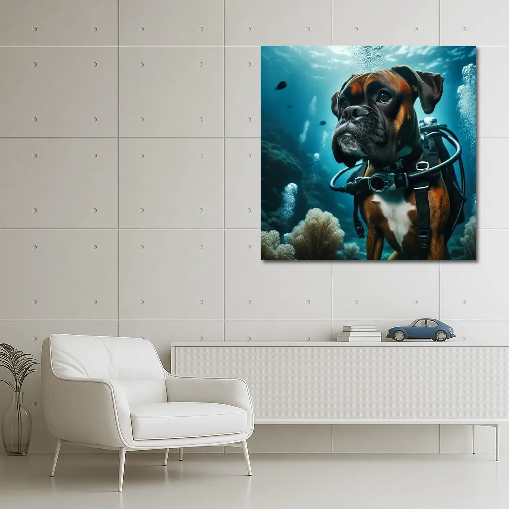 Boxer Dog Scuba Diving Underwater Ocean Scene – Wall Art