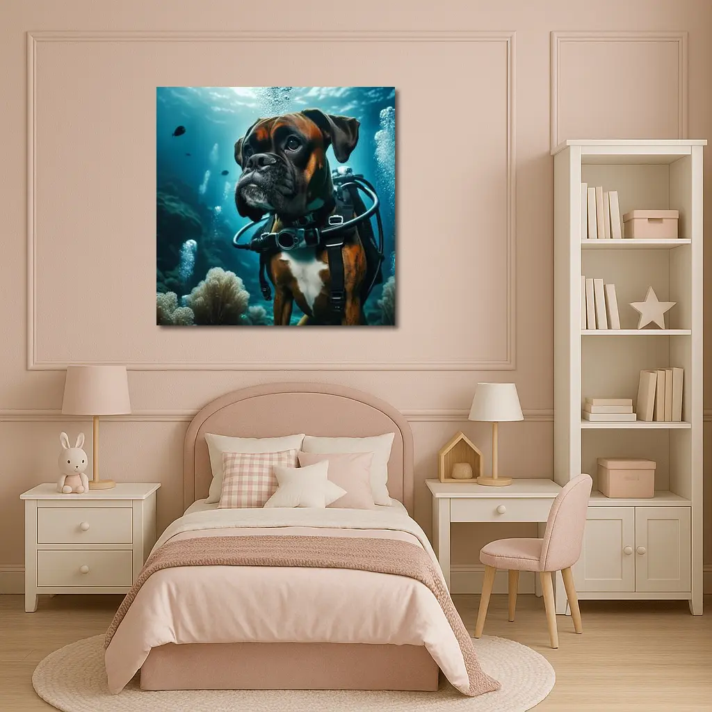 Boxer Dog Scuba Diving Underwater Ocean Scene – Wall Art