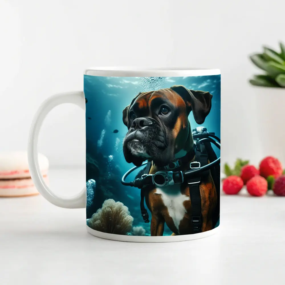Boxer Dog Scuba Diving Underwater Ocean Scene – Mugs