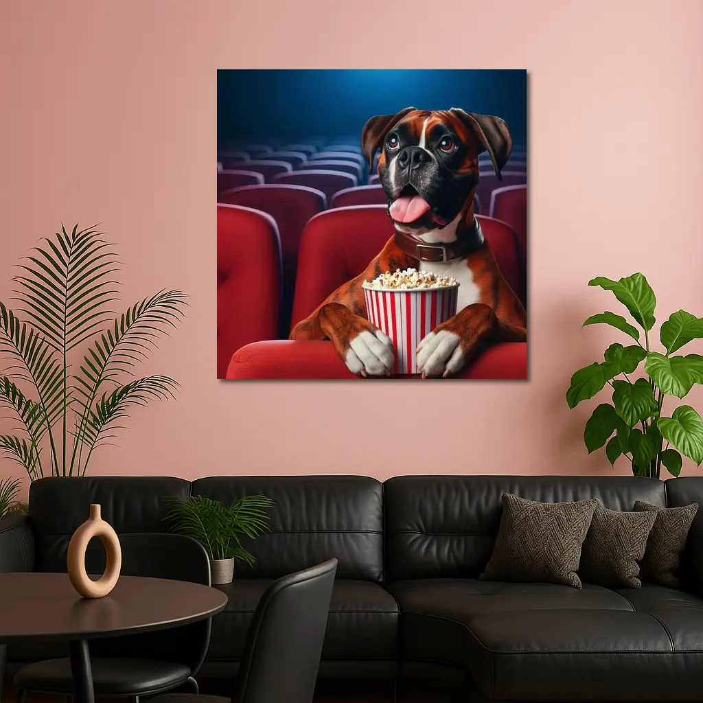 Boxer Dog Watching Movie Cinema Popcorn – Wall Art