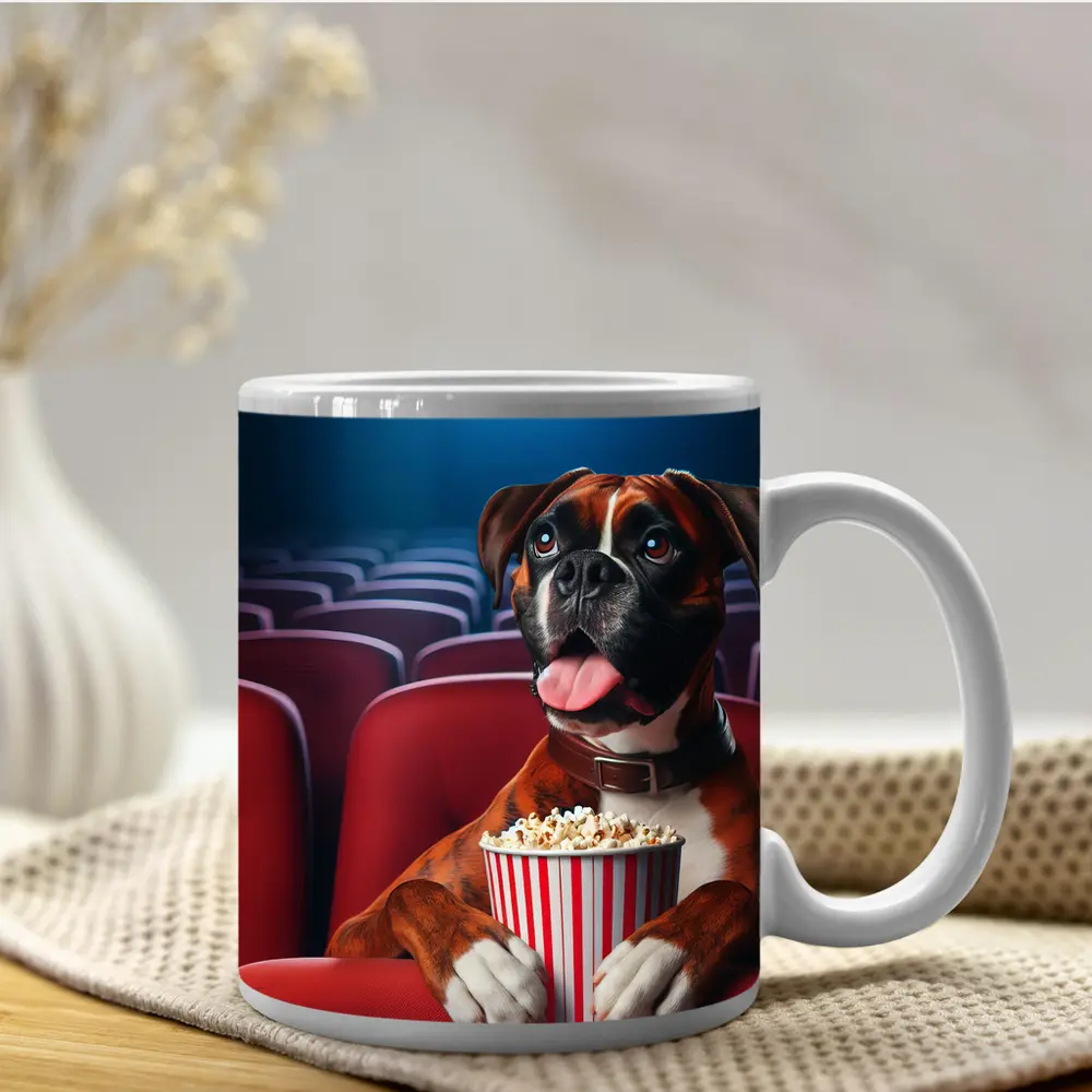 Boxer Dog Watching Movie Cinema Popcorn – Mugs