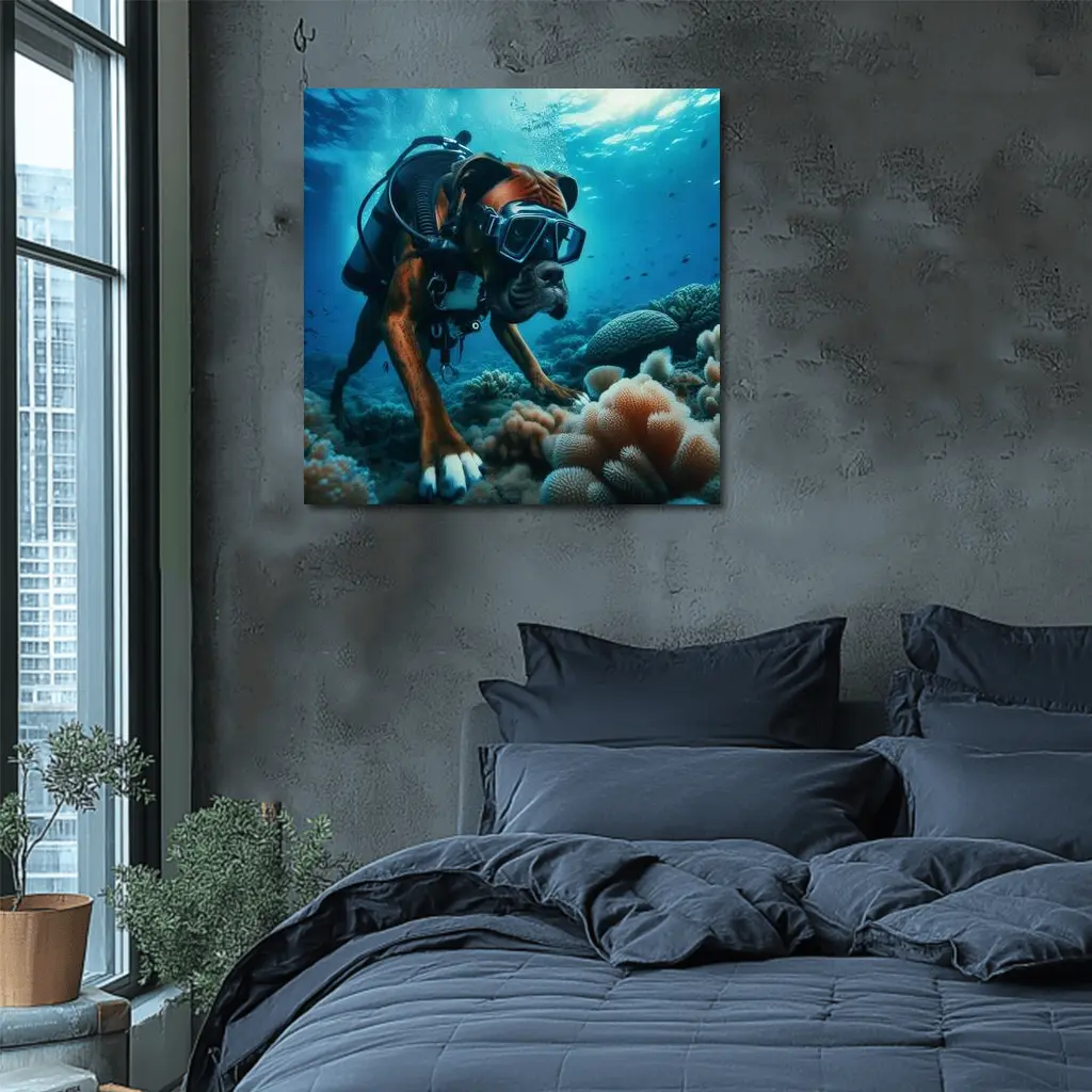 Boxer Dog Scuba Diving Coral Reef Underwater – Wall Art