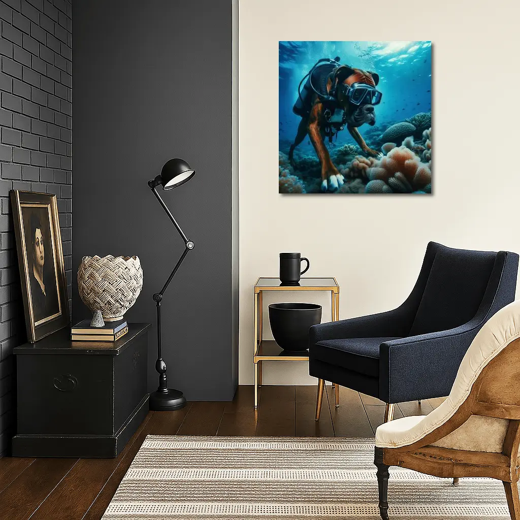 Boxer Dog Scuba Diving Coral Reef Underwater – Wall Art