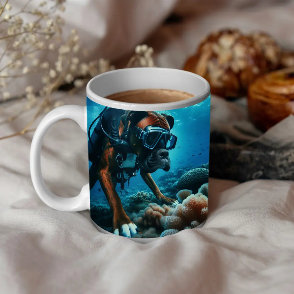 Boxer Dog Scuba Diving Coral Reef Underwater – Mugs