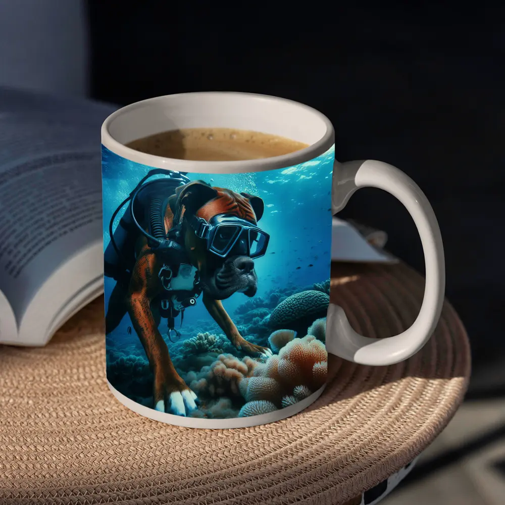 Boxer Dog Scuba Diving Coral Reef Underwater – Mugs