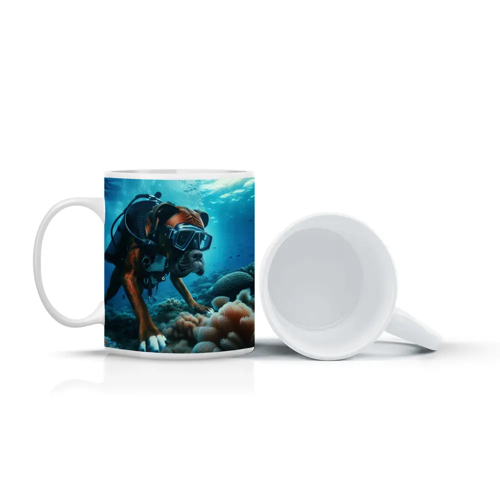 Boxer Dog Scuba Diving Coral Reef Underwater – Mugs