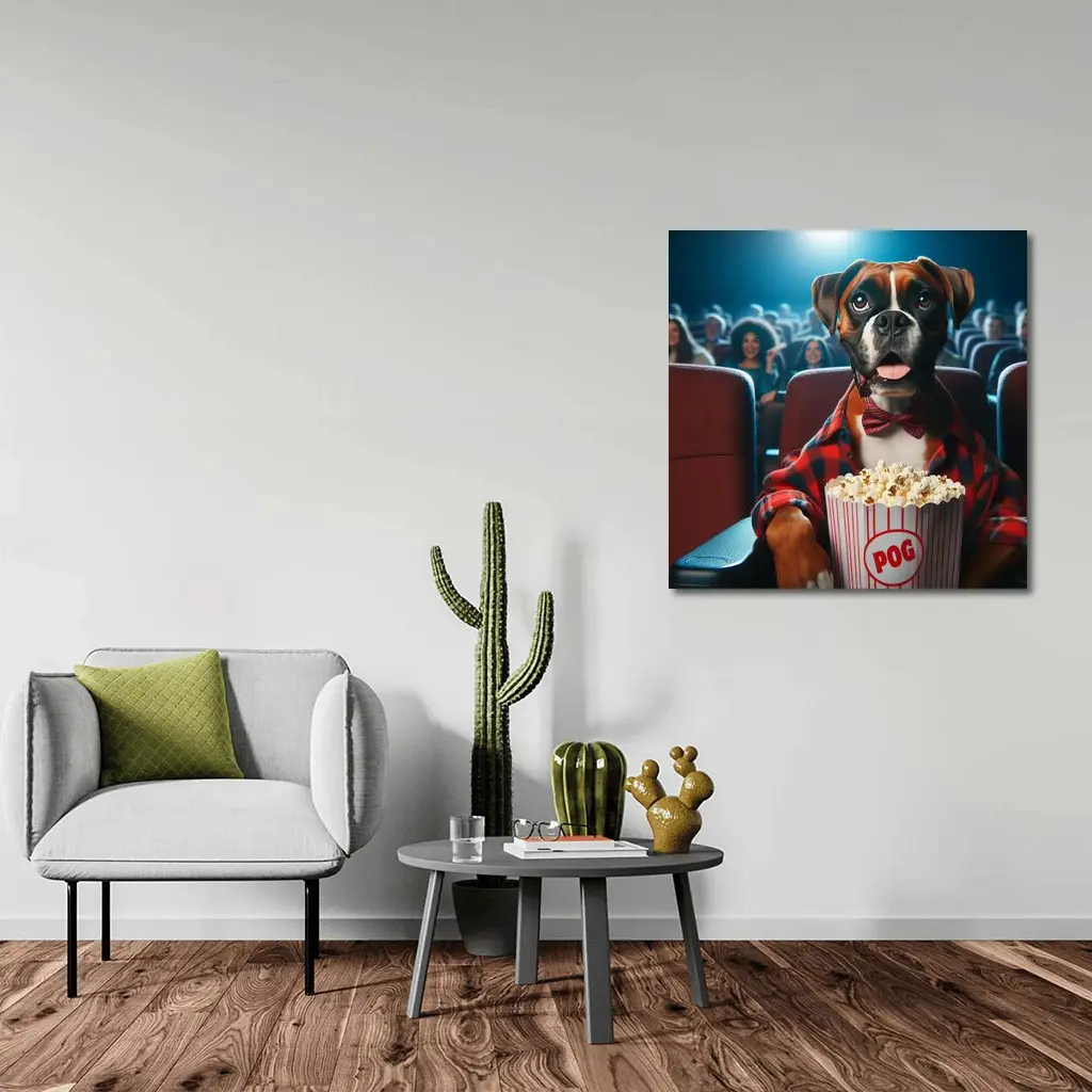 Boxer Dog at Cinema With Popcorn – Wall Art