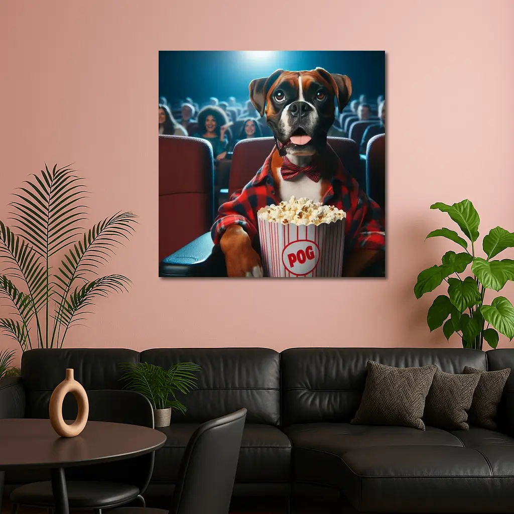 Boxer Dog at Cinema With Popcorn – Wall Art