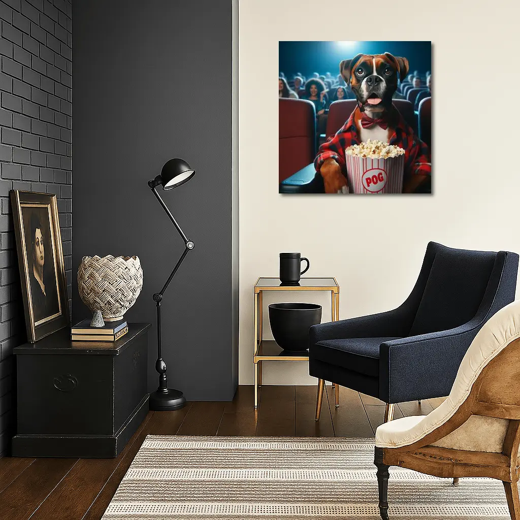 Boxer Dog at Cinema With Popcorn – Wall Art