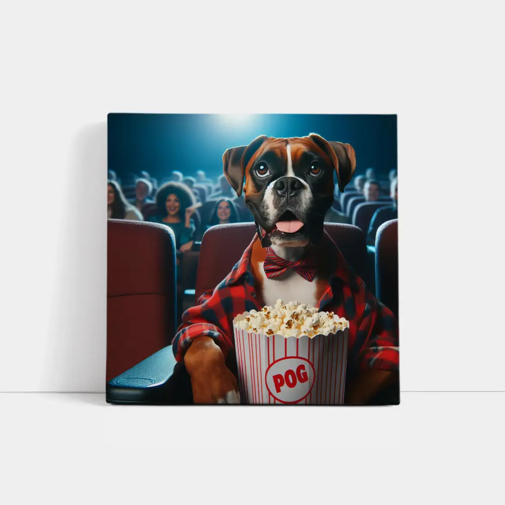 Boxer Dog at Cinema With Popcorn – Wall Art