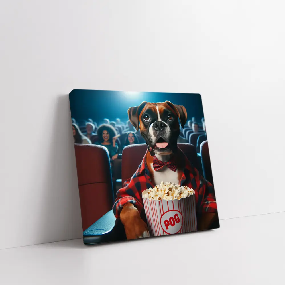 Boxer Dog at Cinema With Popcorn – Wall Art
