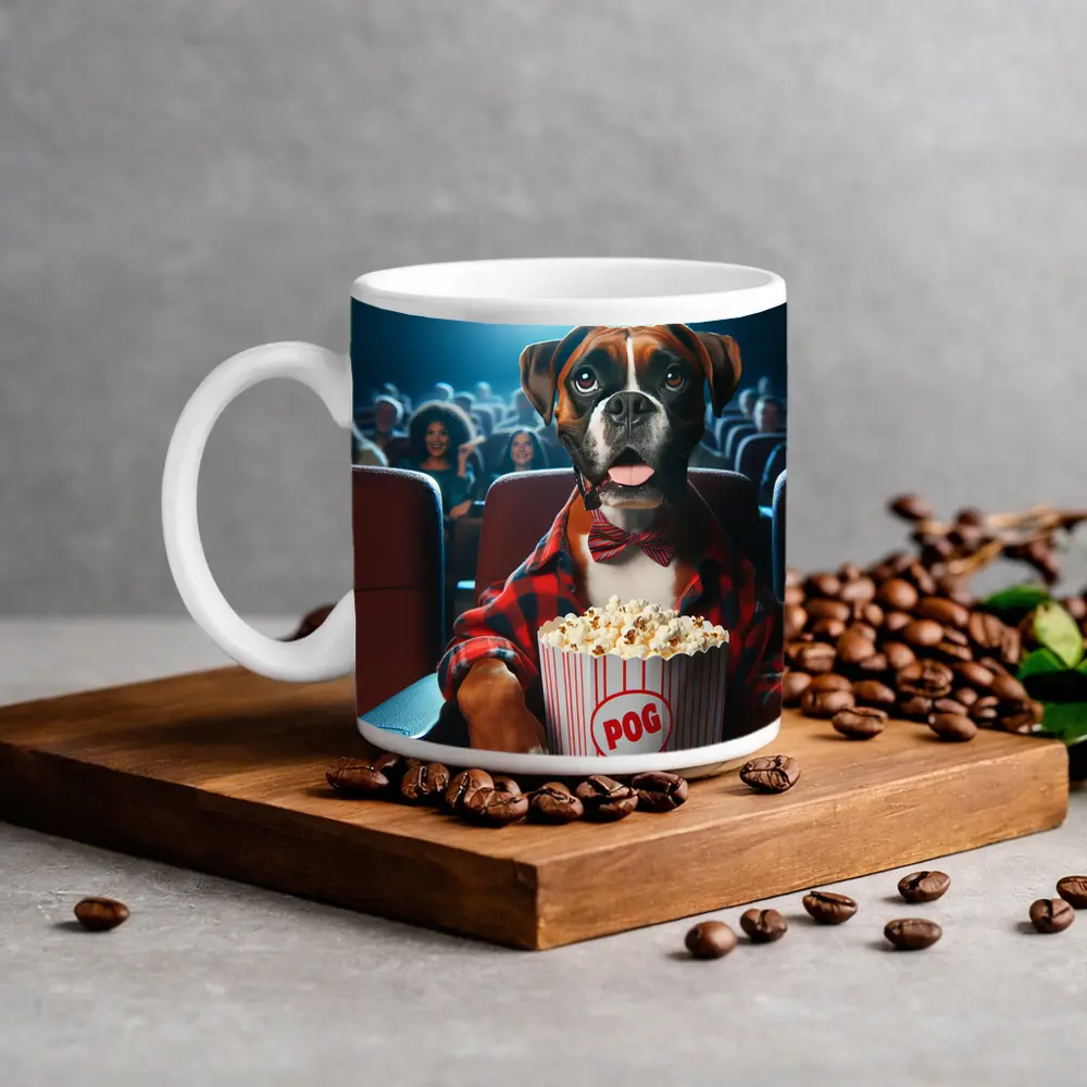 Boxer Dog at Cinema With Popcorn – Mugs