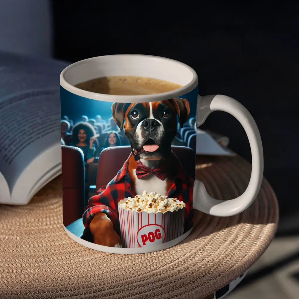 Boxer Dog at Cinema With Popcorn – Mugs