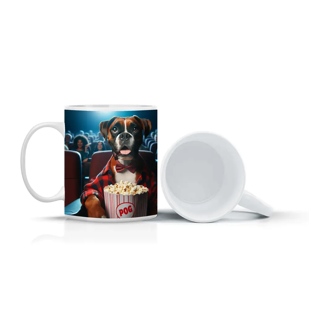 Boxer Dog at Cinema With Popcorn – Mugs