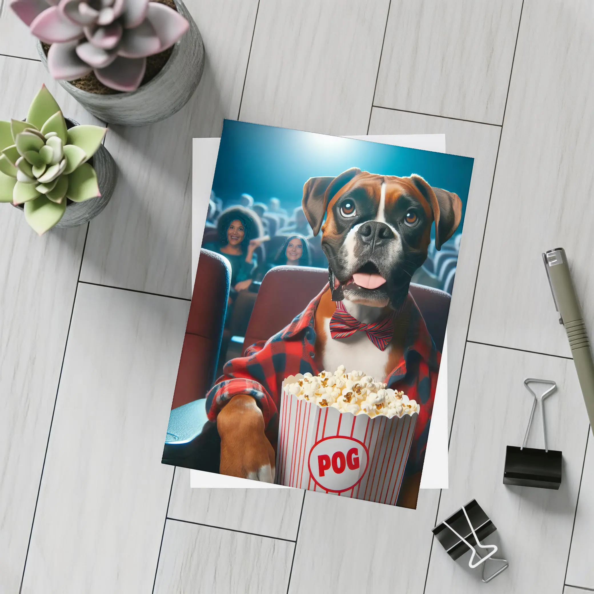Boxer Dog at Cinema With Popcorn – Postcards