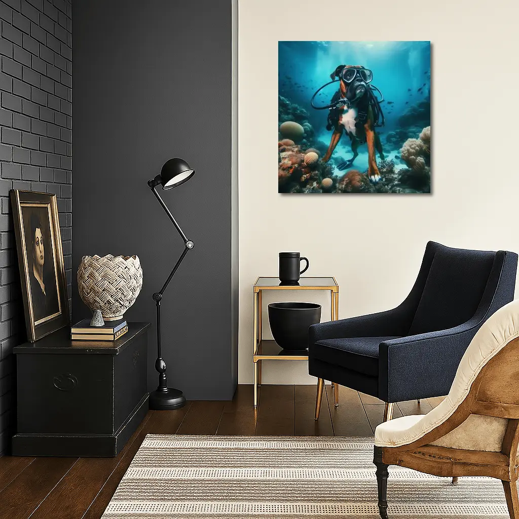 Boxer Dog Scuba Diver Underwater Coral Reef – Wall Art